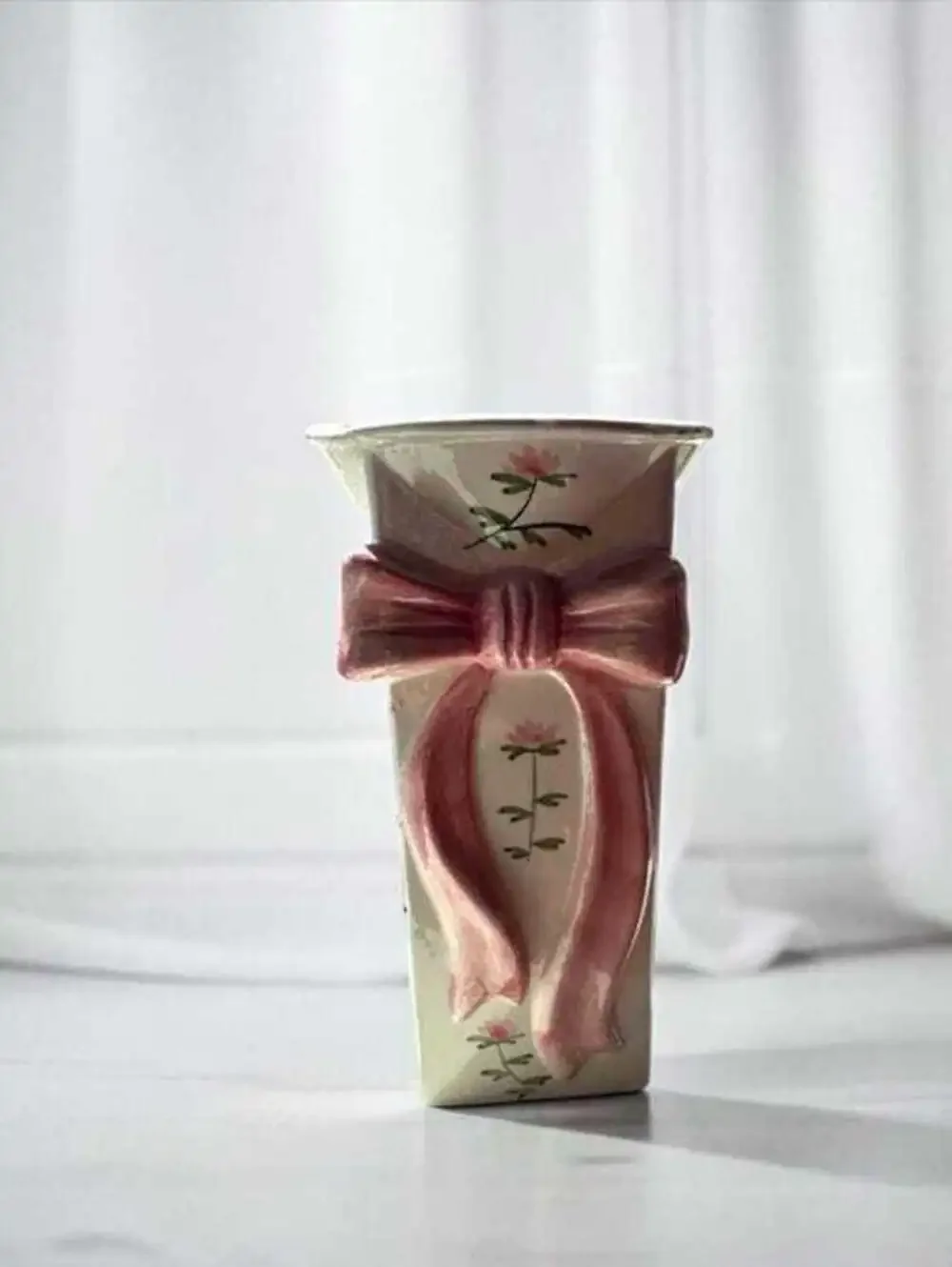 Coastal Granny Decor Rose Motif Vase, Pink Ceramic, Small Mantel Accent